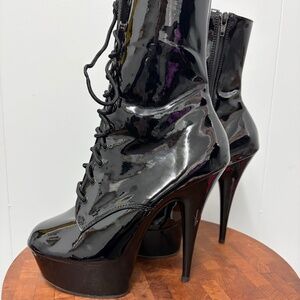 Pleaser Adore Women's Platform Stiletto Black Patent Lace Up Boots Size 10